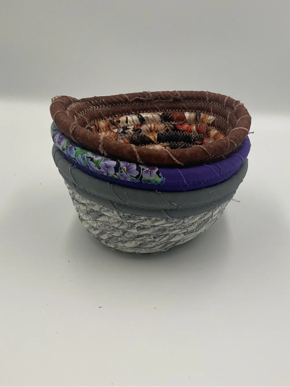 Hand Crafted Coil Baskets in Gray, Purple and Brown